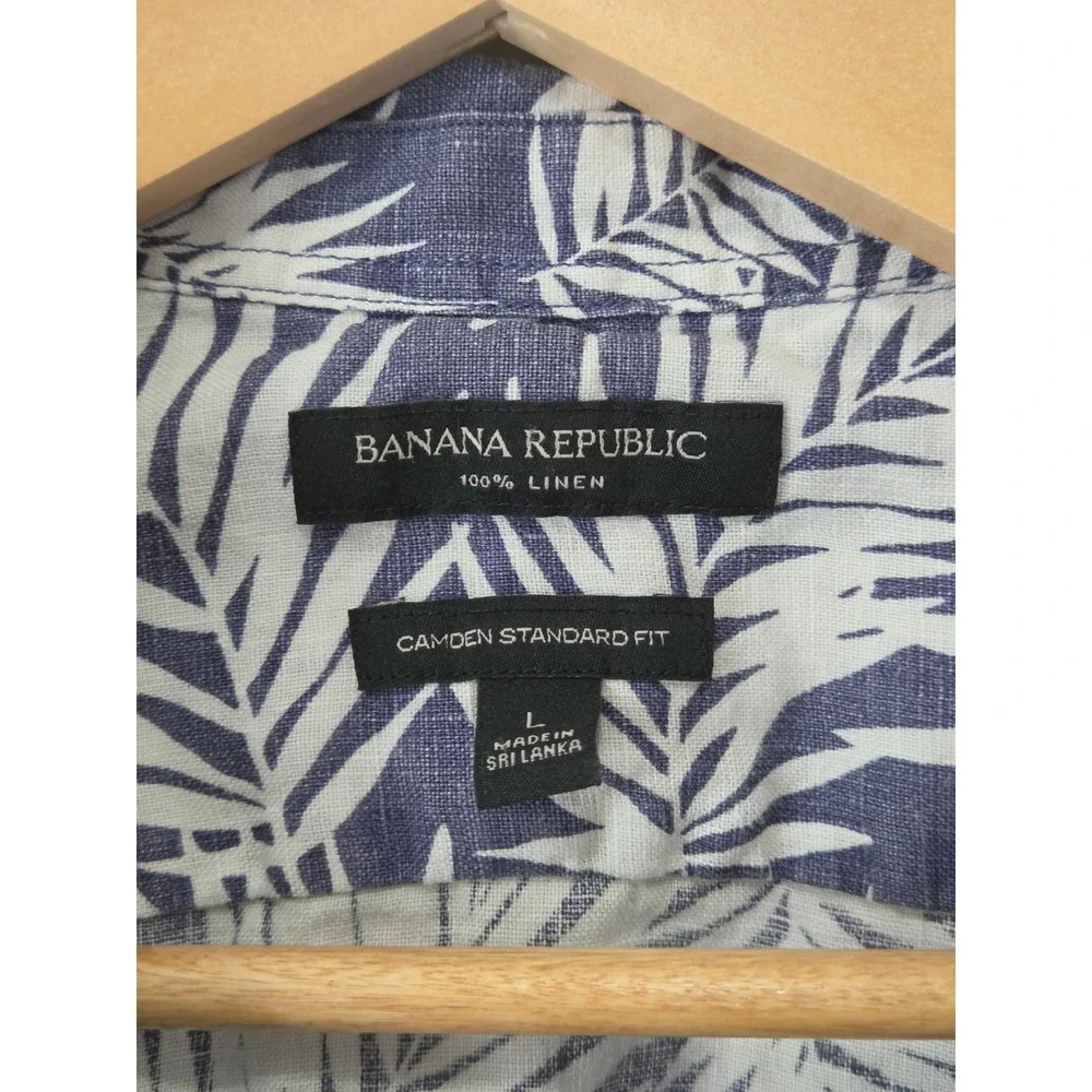 Banana Republic Mens Blue White Linen Palm Leaf Camden Standard Fit Shirt Large
